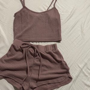 Waffle Knit Cami Tank and Shorts Sleep Set - Dusty Mauve